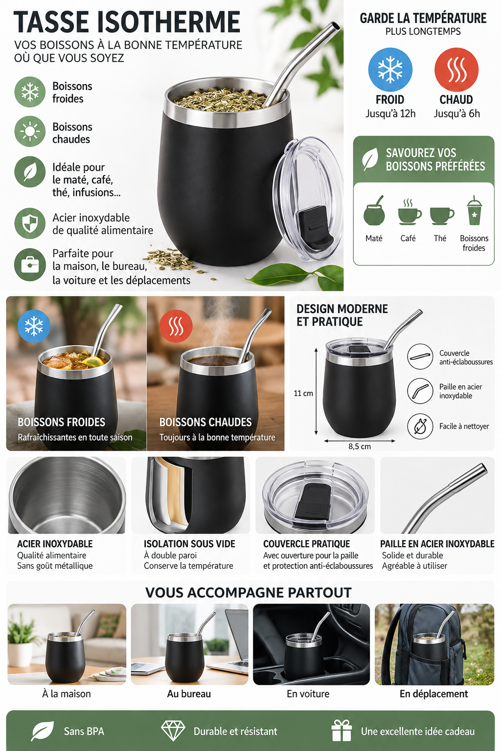 Tasse Isotherme avec Paille et Couvercle – Boissons Chaudes & Froides