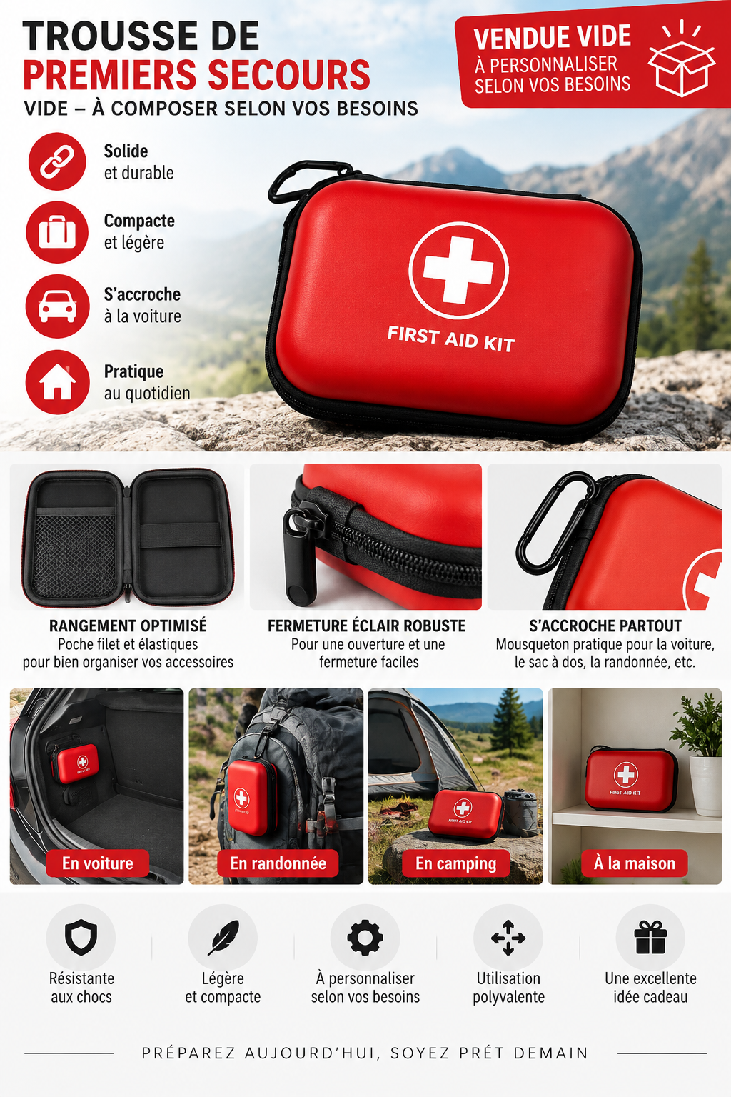 Trousse de Secours Semi-Rigide avec Scratch – Randonnée, Bivouac, Camping &amp; Maison voiture