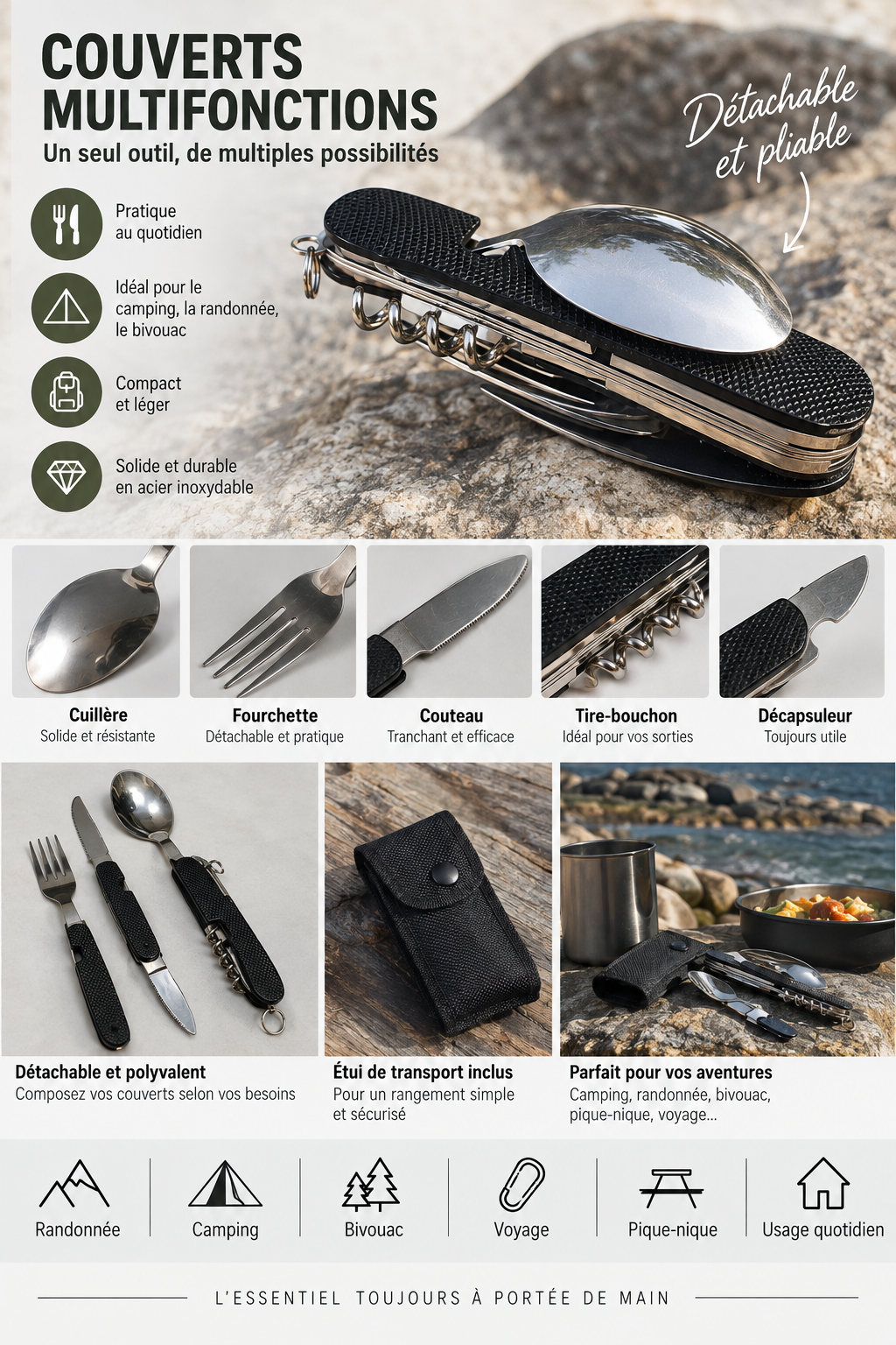 Couteau Bivouac avec Fourchette Détachable – Camping, Randonnée &amp; Outdoor